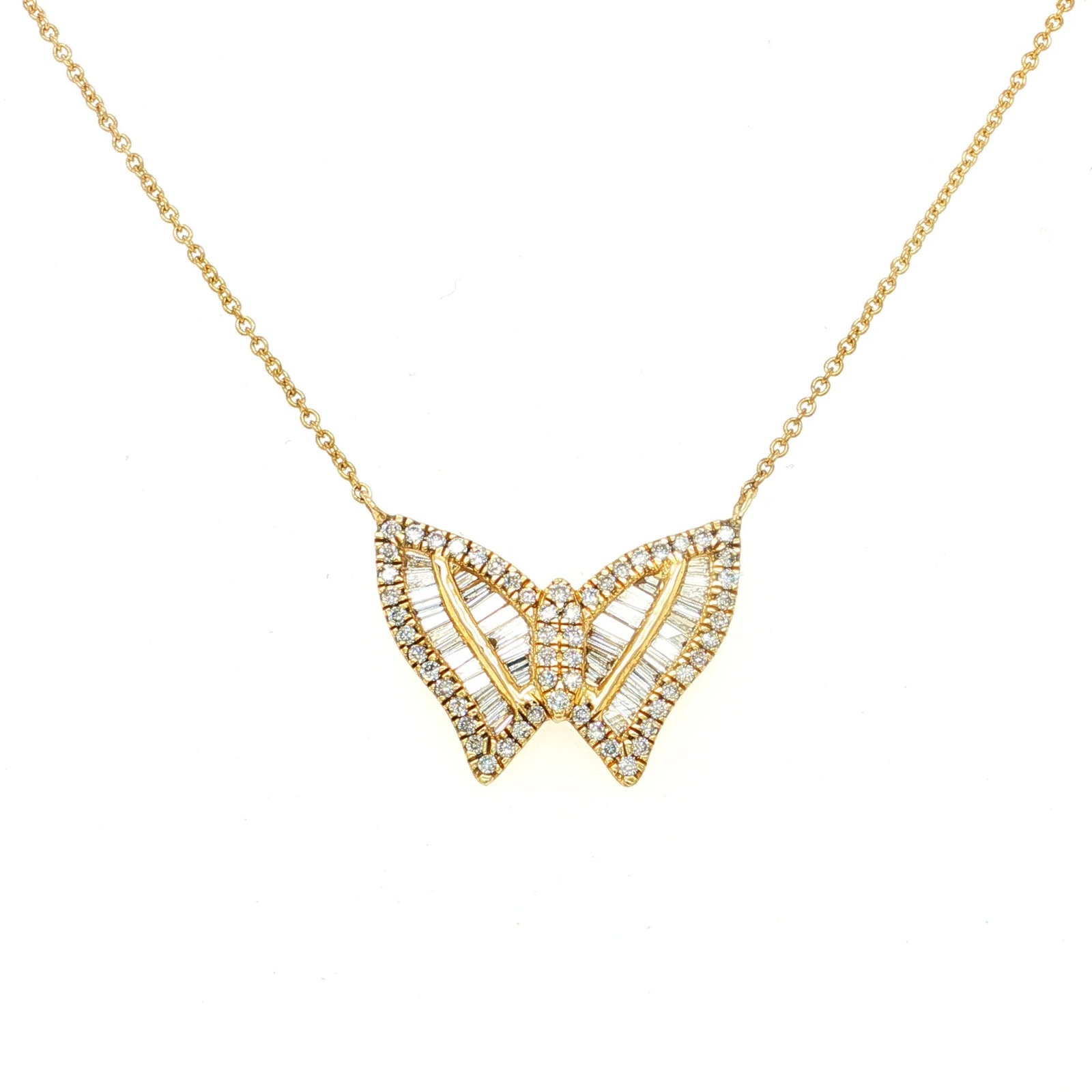 14KT YELLOW GOLD BUTTERFLY DIAMOND NECKLACE: 14KT YELLOW GOLD BUTTERFLY DIAMOND NECKLACE 18"14KT GOLD WT. APPROX. 3.088 GRAMDIAMOND WT. APPROX. 0.61 CARAT / 97 PCS18" LONG CHAIN WITH ADJUSTABLE RING ON 16" AND 17"