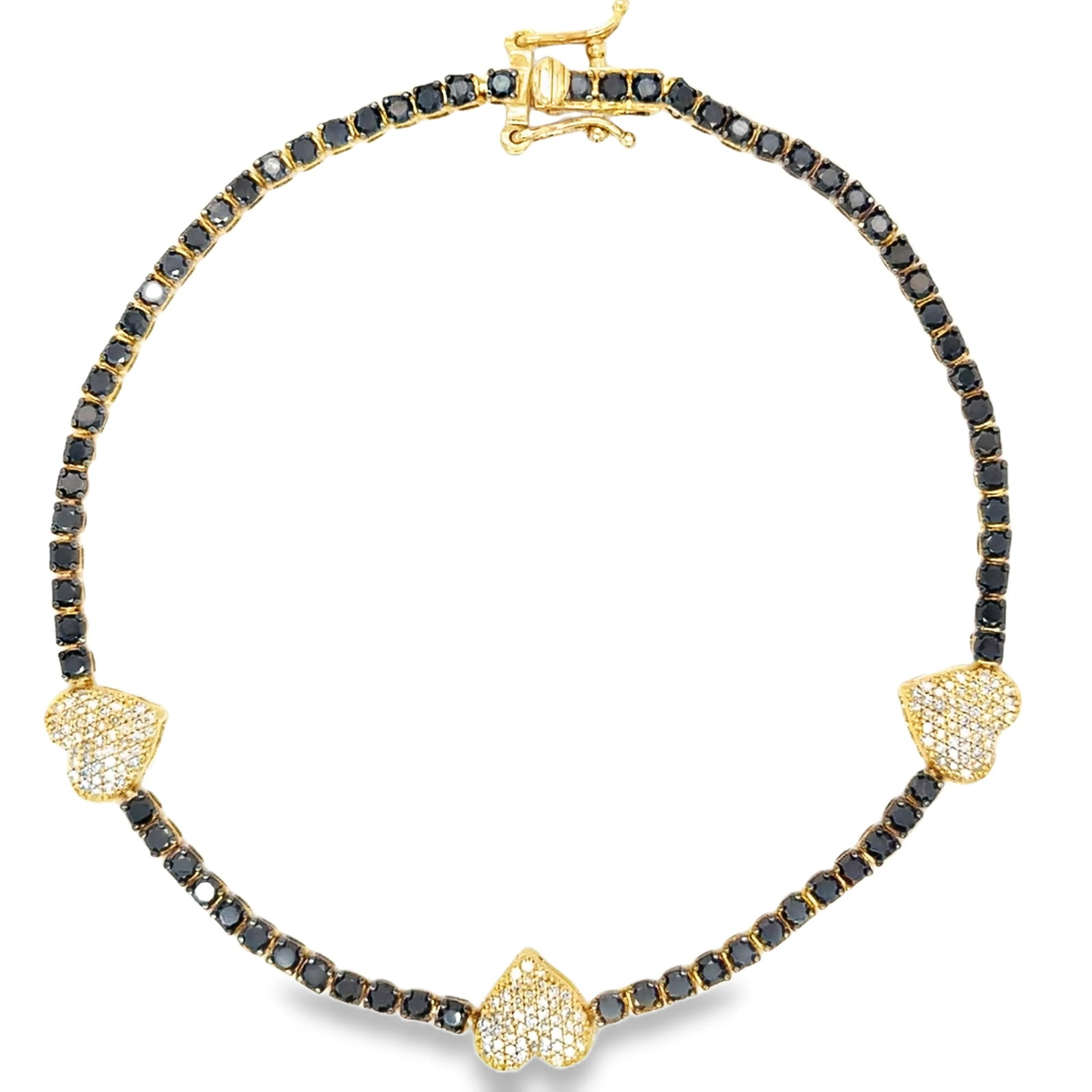14KT GOLD BLACK DIAMONDS AND DIAMONDS HEART TENNIS BRACELET: 14KT YELLOW GOLD BLACK DIAMONDS AND DIAMONDS HEART TENNIS BRACELET 7"14KT GOLD WT. APPROX. 4.47 GRAMDIAMOND WT. APPROX. 0.26 CARAT / 147 PCSBLACK DIAMOND WT. APPROX. 1.98 CARAT / 72 PCS