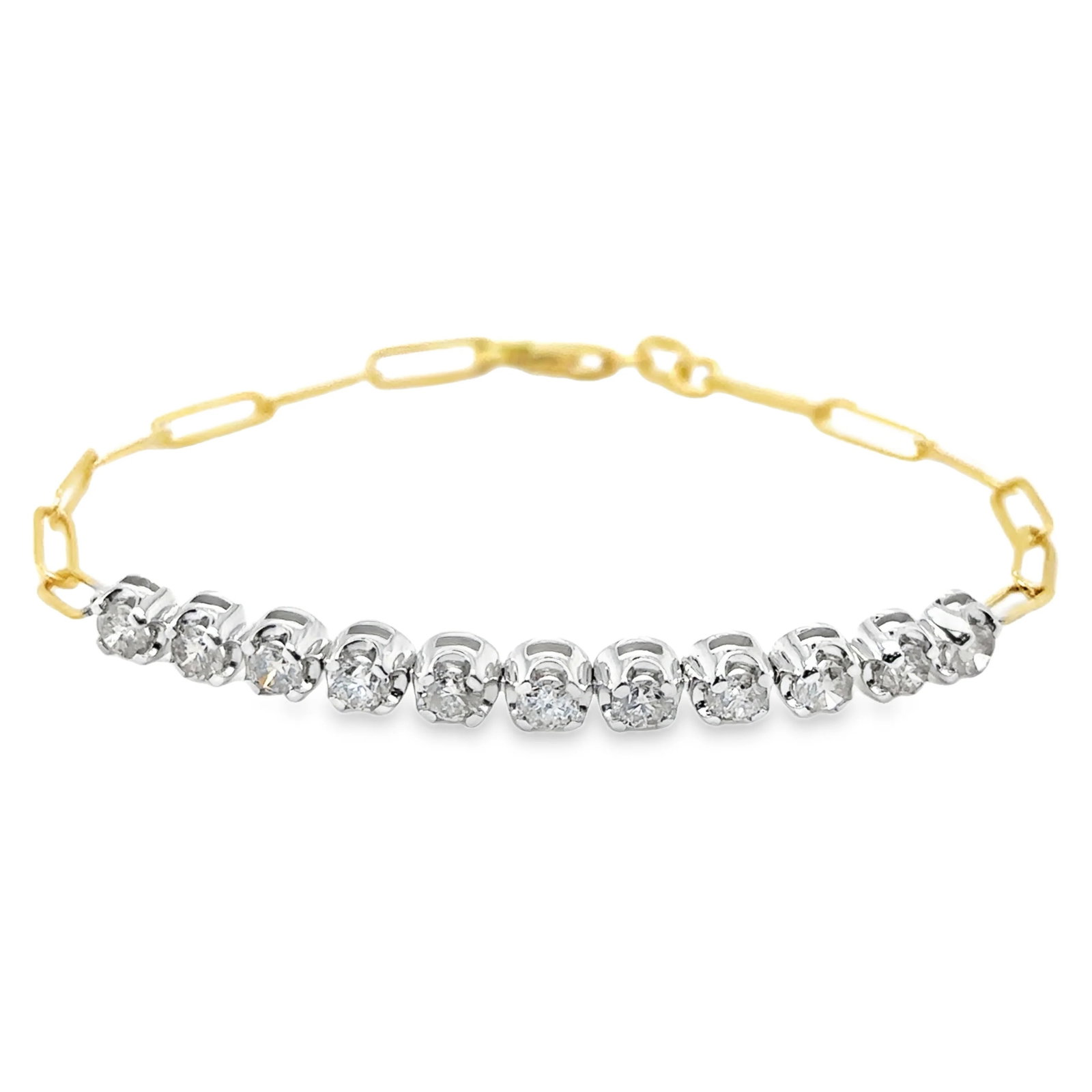 14KT TWO TONE GOLD CHAMPAGNE DIAMOND PAPERCLIP BRACELET: 14KT YELLOW AND WHITE GOLD CHAMPAGNE DIAMOND PAPERCLIP BRACELET 7"14KT GOLD WT. APPROX. 4.55 GRAMCHAMPAGNE DIAMOND WT. APPROX. 1.51 CT / 11 PCSLENGTH: 7 INCHES LONGSIZE APPROX. - 4.5 MM WIDE