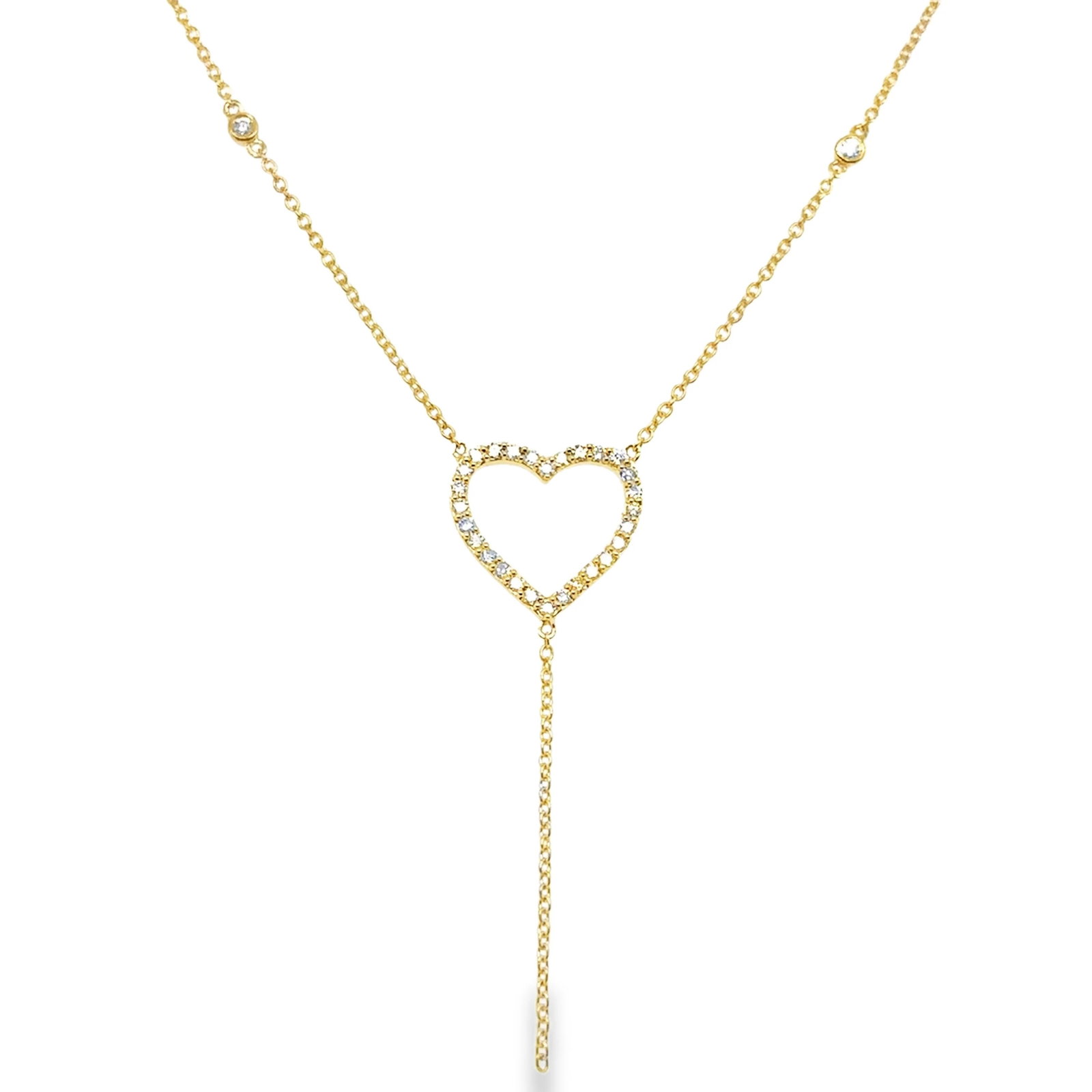 18KT GOLD DIAMOND HEART DANGLING NECKLACE: 18KT YELLOW GOLD DIAMOND HEART DANGLING NECKLACE 18"18KT GOLD WT. APPROX 2.53 GRAMDIAMOND WT. APPROX. 0.22 CARAT/ 32 PCS18" LONG CHAIN WITH ADJUSTABLE RING ON 16" & 17" EXTENDER