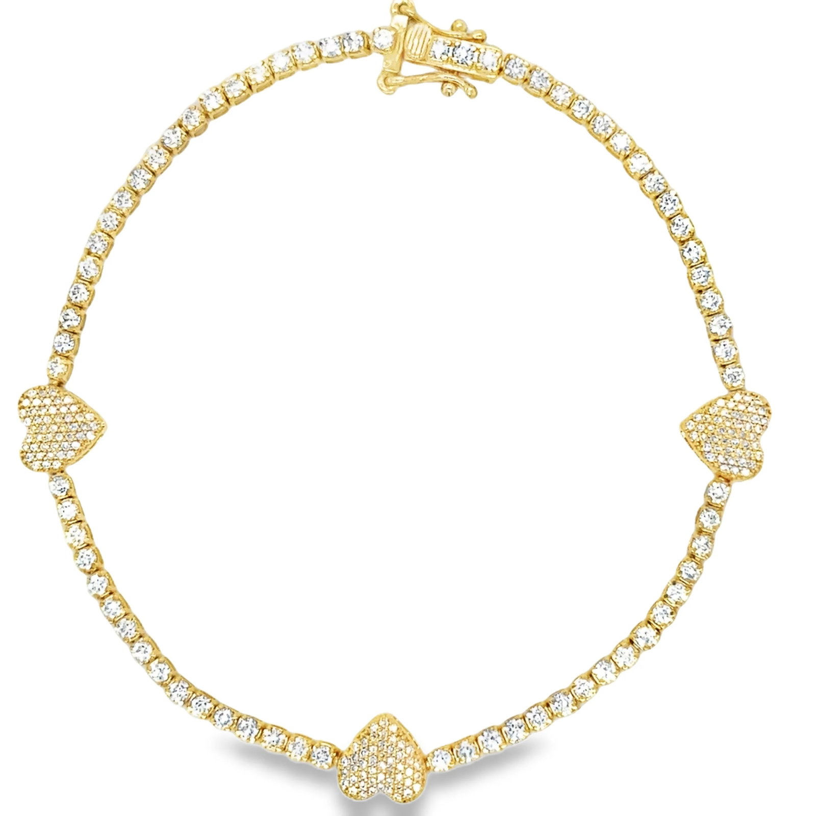 14KT GOLD DIAMONDS HEART TENNIS BRACELET: 14KT YELLOW GOLD DIAMONDS HEART TENNIS BRACELET 7"14KT GOLD WT. APPROX. 4.53 GRAMDIAMOND WT. APPROX. 1.54 CARAT / 218 PCS