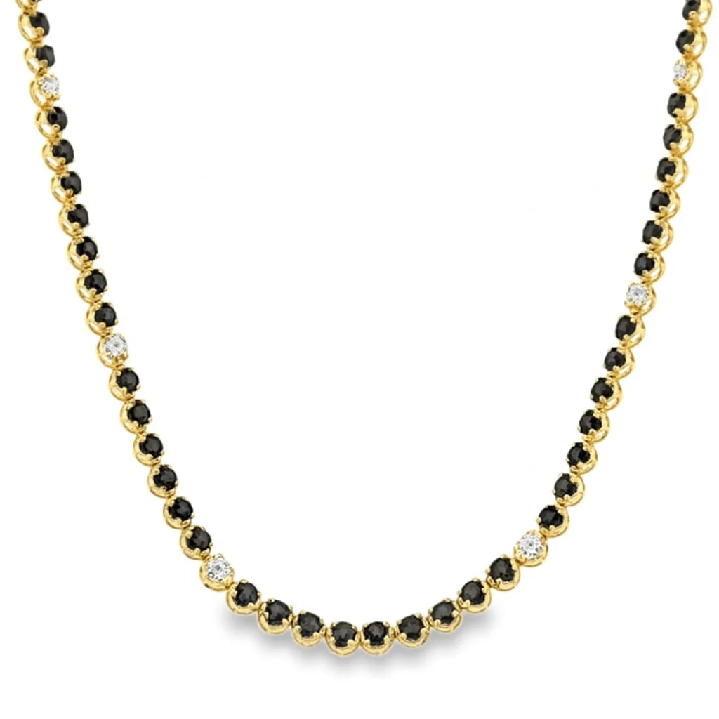 14KT GOLD BLACK DIAMOND AND DIAMOND TENNIS NECKLACE: 14KT YELLOW GOLD BLACK DIAMOND AND DIAMOND TENNIS NECKLACE14KT GOLD WT. APPROX. 16.35 GRAMDIAMOND WT. APPROX. 0.80 CARAT/ 13 PCSBLACK DIAMOND WT. APPROX. 5.84 CARAT/ 95 PCSLENGTH: 16 INCHES LONG