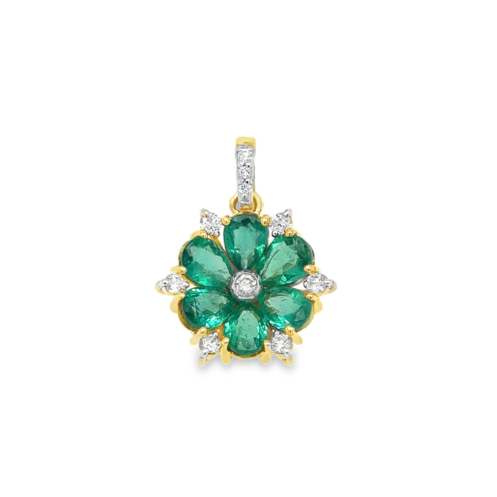 18KT GOLD DIAMOND AND EMERALD FLOWER PENDENT: 18KT GOLD DIAMOND AND EMERALD FLOWER PENDENT18KT GOLD WT. APPROX. 2.76 GRAMDIAMOND WT. APPROX. 0.25 CARAT / 10 PCSEMERALD WT. APPROX. 2.06 CARAT / 6 PCSSIZE APPROX. - 14.15 MM