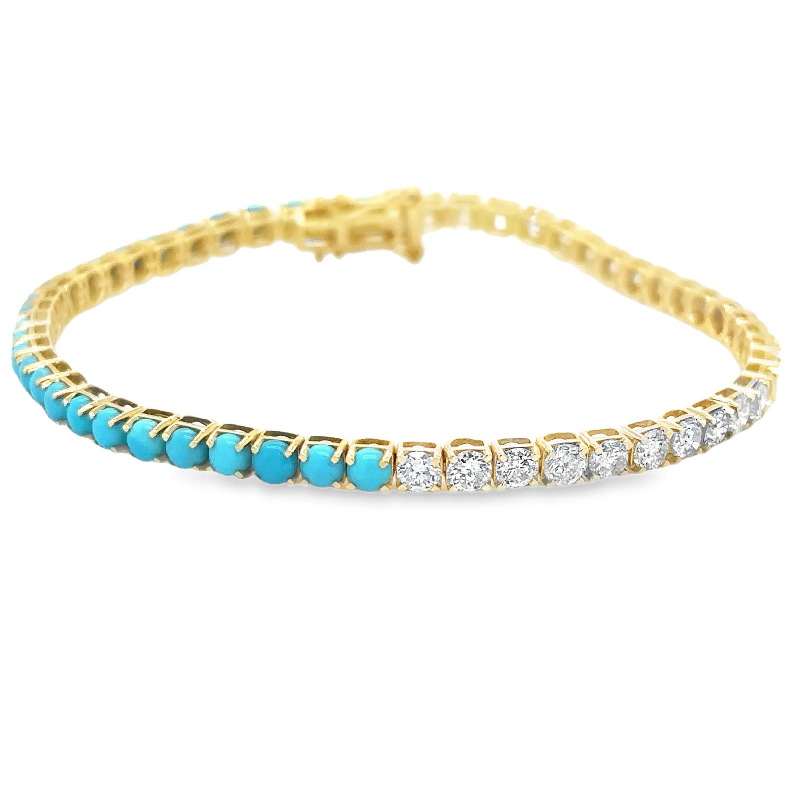 14KT GOLD TURQUOISE AND CHAMPAGNE DIAMONDS BRACELET: 14KT YELLOW GOLD WT. APPROX. 11.50 GRAMCHAMPAGNE DIAMOND WT. APPROX. 3.51 CARAT / 23 PCSTURQUOISE WT. APPROX. 3.22 CARAT / 22 PCS7" LONG