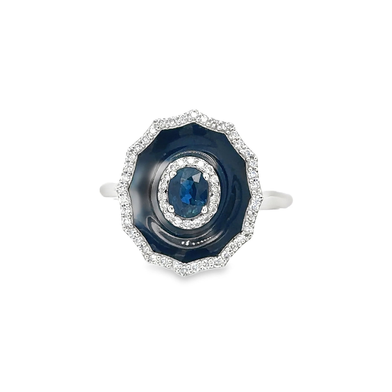 18KT WHITE GOLD BLUE SAPPHIRE AND DIAMOND ENAMEL RING: 18KT WHITE GOLD BLUE SAPPHIRE AND DIAMOND RING18KT GOLD WT. APPROX. 4.57 GRAMDIAMOND WT. APPROX. 0.24 CARAT/ 58 PCSBLUE SAPPHIRE WT. APPROX. 0.40 CARAT/ 1 PCSIZE 7