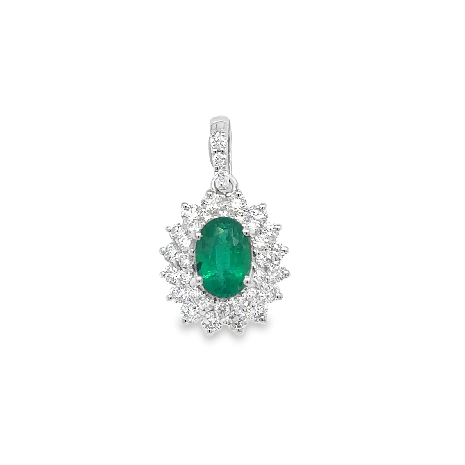 18KT WHITE GOLD DIAMOND AND EMERALD PENDENT: 18KT WHITE GOLD DIAMOND AND EMERALD PENDENT18KT GOLD WT. APPROX. 1.49 GRAMDIAMOND WT. APPROX. 0.64 CARAT / 35 PCSEMERALD WT. APPROX. 0.95 CARAT / 1 PCSSIZE: 19 MM X 11.5 MM