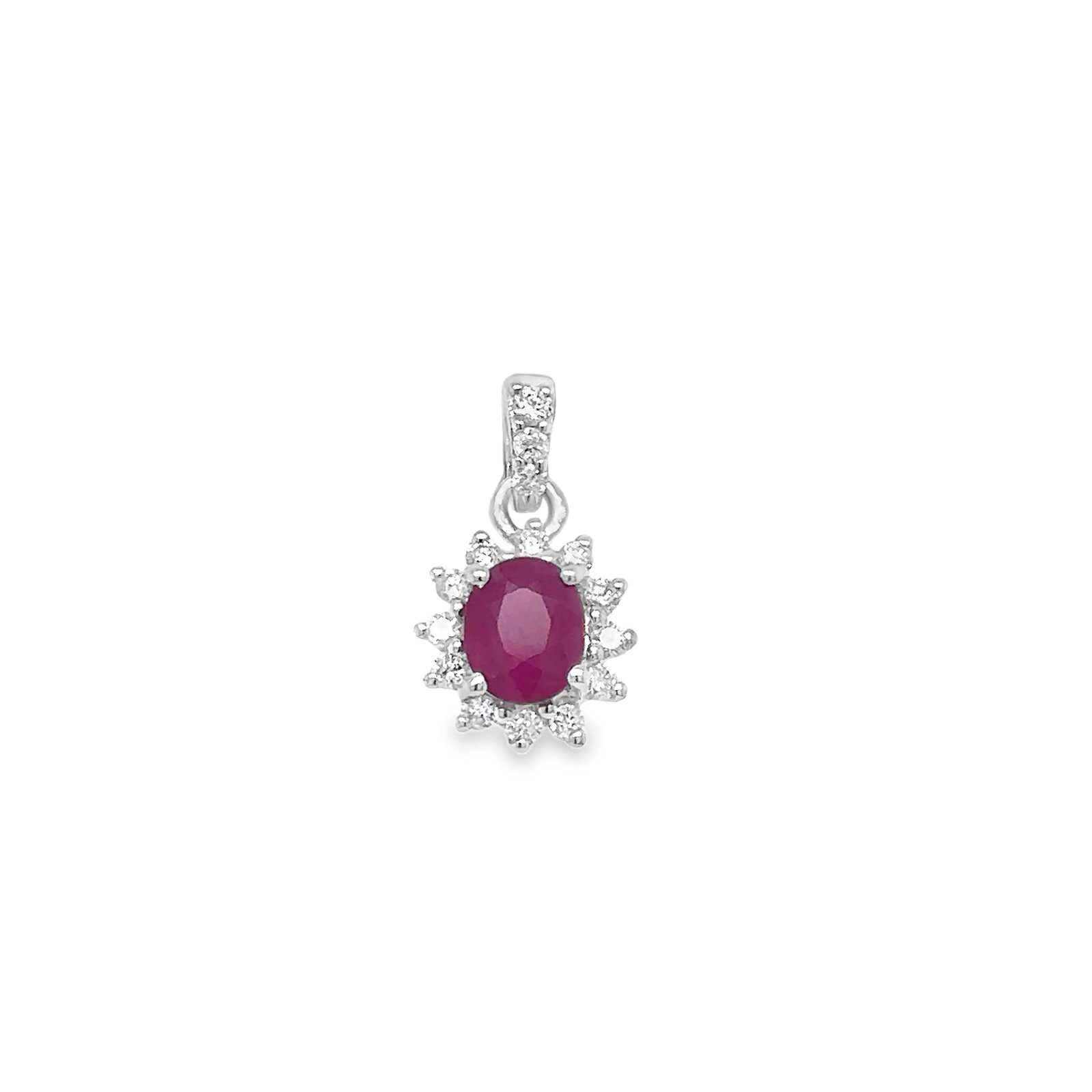 18KT WHITE GOLD DIAMOND AND RUBY PENDENT: 18KT WHITE GOLD DIAMOND AND RUBY PENDENT18KT GOLD WT. APPROX. 0.81 GRAMDIAMOND WT. APPROX. 0.14 CARAT / 15 PCSRUBY WT. APPROX. 0.51 CARAT / 1 PCSSIZE APPROX. - 8 MM (WITHOUT LOOP)