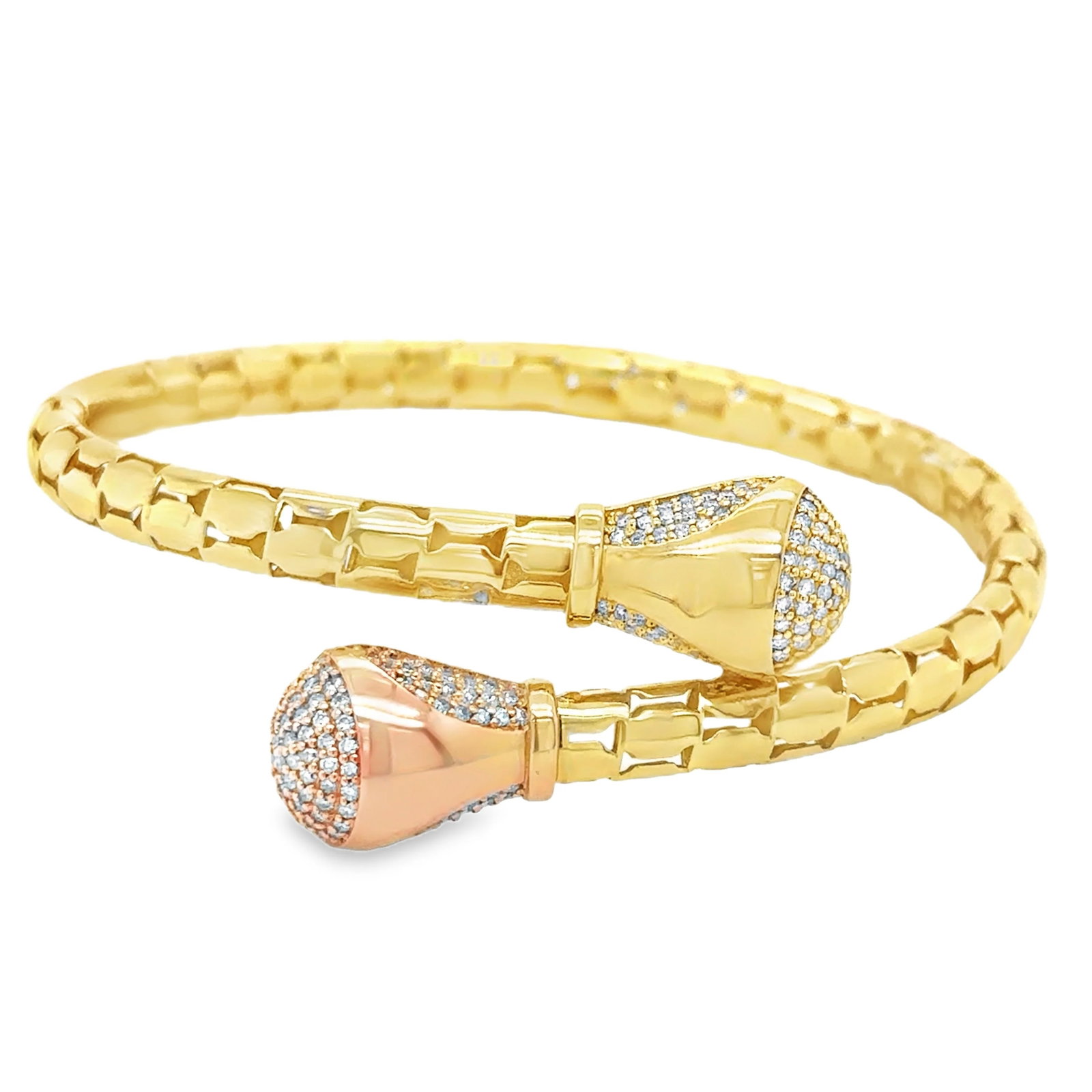 14KT TWO TONE GOLD DIAMOND BANGLE: 14KT YELLOW AND ROSE GOLD DIAMOND BANGLE14KT GOLD WT. APPROX. 13.62 GRAMDIAMOND WT. APPROX. 1.14 CT / 216 PCSSIZE:APPROX: 68 X 65 MM