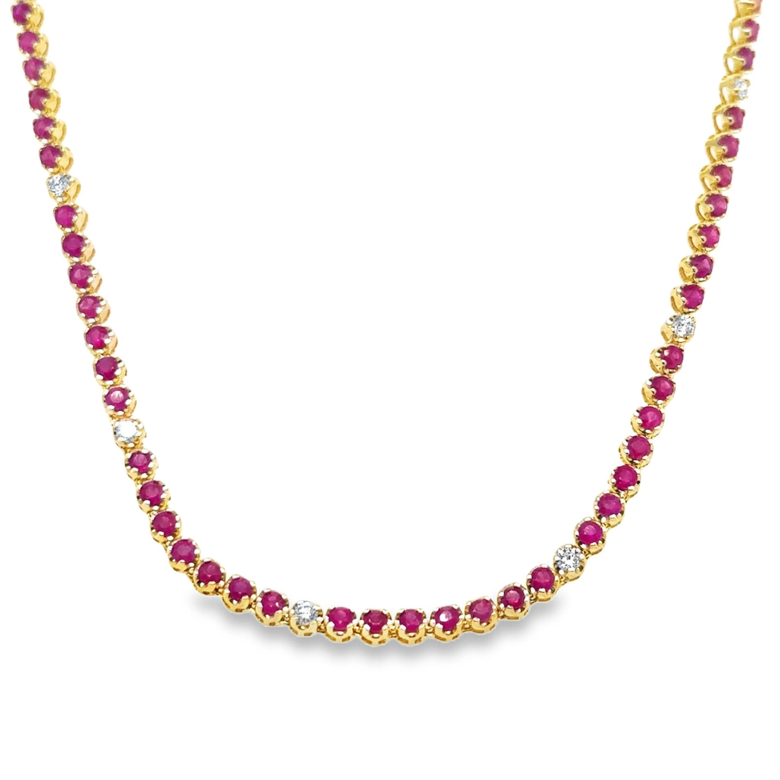 14KT GOLD RUBY AND DIAMOND TENNIS NECKLACE: 14KT YELLOW GOLD RUBY AND DIAMOND TENNIS NECKLACE14KT GOLD WT. APPROX. 16.61 GRAMDIAMOND WT. APPROX. 0.87 CARAT/ 13 PCSRUBY WT. APPROX. 7.96 CARAT/ 94 PCSLENGTH: 16 INCHES LONG