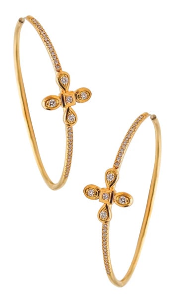 Pair of earrings designed by MiMi SO.Beautiful pair of contemporary hoops earrings, created by MiMi: Pair of earrings designed by MiMi SO.Beautiful pair of contemporary hoops earrings, created by MiMi SO. Crafted in solid yellow gold of 18 karats with high polished finish and made up in a hinged and 