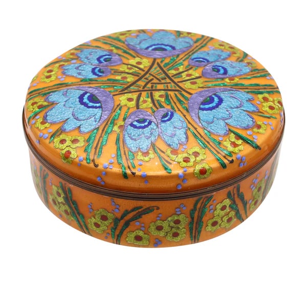 An enameled decorative round box designed by Alexandre Marty, (1876-1943).This is an amazing: An enameled decorative round box designed by Alexandre Marty, (1876-1943).This is an amazing beautiful round box created in Limoges France by Alexandre Marty, back in the 1945-1950. The box has been c