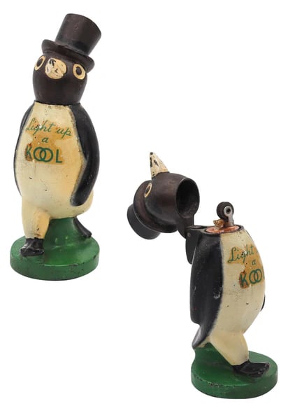 Willie Kool desk-table petrol lighter.This is a beautiful bar or desk petrol lighter, created as a: Willie Kool desk-table petrol lighter.This is a beautiful bar or desk petrol lighter, created as a promotional item by the Kool Cigarette Company, back in the 1938. The sculptural and elusive lighter 