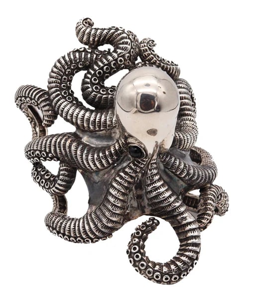An sculptural octopus wrist-arm cuff bracelet.Fabulous oversized piece, crafted in solid sterling: An sculptural octopus wrist-arm cuff bracelet.Fabulous oversized piece, crafted in solid sterling silver .925/.999 in the shape of a big octopus. It was carefully designed with highly textured surface