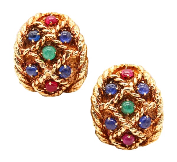 Ropes earrings designed by David Webb (1925-1975).These are an outstanding colorful clips-on: Ropes earrings designed by David Webb (1925-1975).These are an outstanding colorful clips-on earrings created in New York City at the jewelry atelier of David Webb, back in the 1970's. This gems-set v