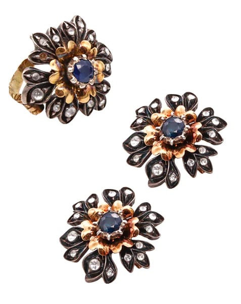 An Austro-Hungarian suite of earrings and ringThis is a beautiful and very attractive antique set,: An Austro-Hungarian suite of earrings and ringThis is a beautiful and very attractive antique set, composed by a pair of earrings and ring created during the Austro-Hungarian empire period, back in 19