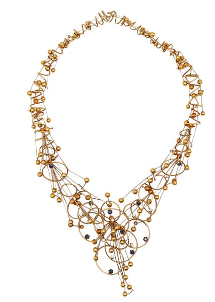 An sculptural geometric necklace.Fabulous sculptural necklace created in north Europe, back in the: An sculptural geometric necklace.Fabulous sculptural necklace created in north Europe, back in the 1970. This unusual highly sculpted necklace was carefully assembled with multiples wires and spheres 