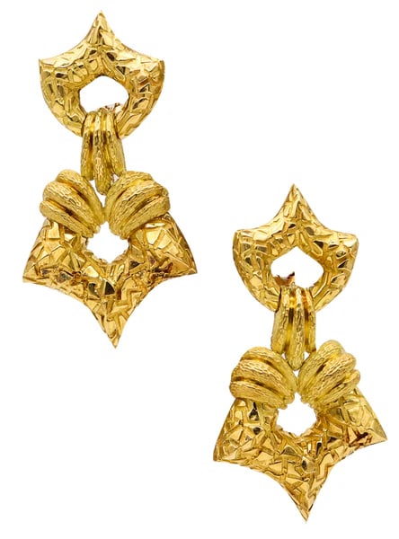Dangle door knockers earrings designed by Henry Dunay.Large pair of dangles door knockers earrings,: Dangle door knockers earrings designed by Henry Dunay.Large pair of dangles door knockers earrings, created in New York city at the jewelry atelier of Henry Dunay, back in the 1990. This pair was craf