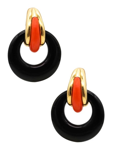 Modernist convertible door knockers earrings.Fabulous dangle doorknockers earrings, created with: Modernist convertible door knockers earrings.Fabulous dangle doorknockers earrings, created with modernist patterns back in the 1970. These colorful earrings has been crafted to be converted as a day 