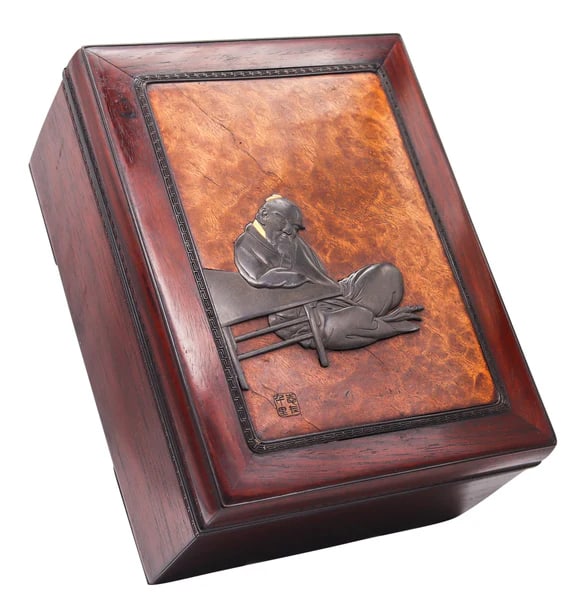 JAPAN Meiji Period 1890 Tebako Desk Box Made In Precious Woods, Bronze & Gold: Presentation Tebako box from the Japanese Meiji period (1868-1912).Beautiful decorative presentation Tebako desk box from the Japanese Imperial Meiji period, circa 1880. This box has been meticulously