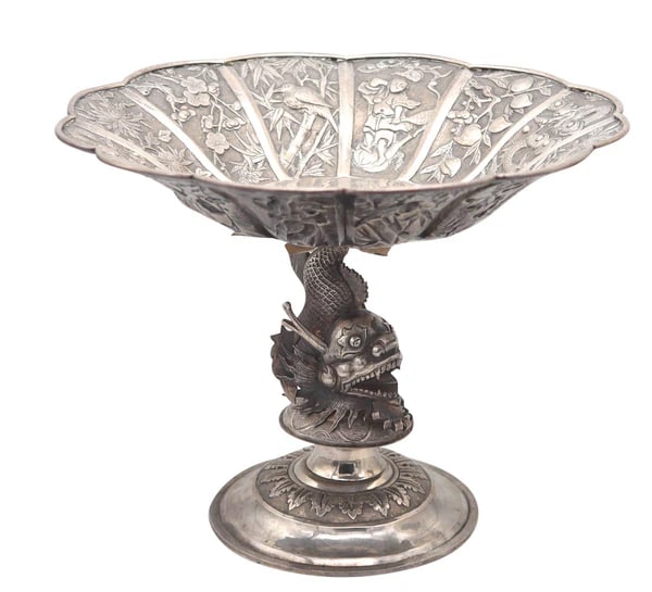 CHINA EXPORT 1875 Antique Tall Compote With Mythological Dragon-Fish In Sterling: Chinese export tall tazza in silver by Hung Chong (circa 1830-1925).This is an impressive Chinese Export tall compote tazza created in the 19th Century, circa 1875. Masterfully crafted in solid silver