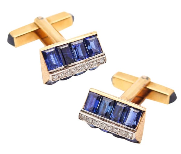 COLLINGWOOD & SON London Art-Deco Cufflinks In 18Kt Gold Sapphires & Diamonds: Pair of art-deco cufflinks designed by Collingwood.These are a magnificent pair of gems-set cufflinks created during the art deco period by the London jewelry firm of Collingwood Limited. The cufflink