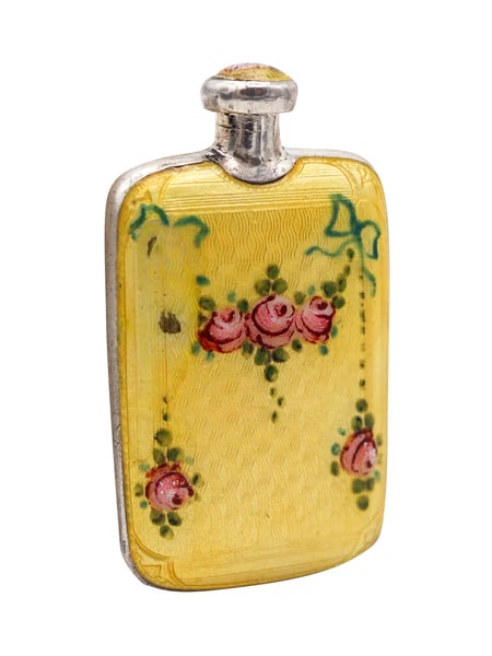 EDWARDIAN 1905 German Enameled Guilloche Perfume Purse Bottle In Sterling Silver: A German enameled perfume bottle in sterling.This is a beautiful and colorful perfume/scent purse bottle created in the city of Pforzheim Germany, back in the 1900's. The stunning perfume bottle has b