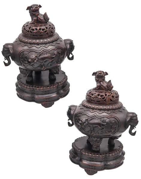 QING DYNASTY 1800 Early 19th Century Pair of Bronze Censers With Lids & Pedestals: An early 19th century dragons censer from the Qing Dynasty.This is a beautiful antique pair of censers, heavily cast in high relief in the early of the 19th century during the Qing Dynasty, circa 1800