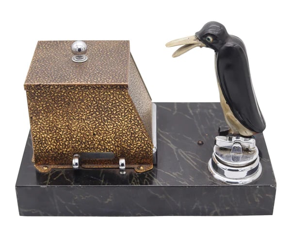 RONSON 1930 Pik A Cig Magic Penguin Lighter Cigarette Dispenser Desk Box: Art deco magic penguin mechanical dispenser box designed by Ronson.A beautiful, exceedingly rare and very decorative mechanical dispenser desk box, created in the city of Newark, New Jersey in the Uni