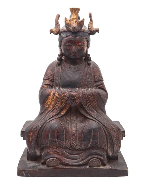 QING DYNASTY 1880 Seated Enthroned Mazu Quan-Yin In Solid Gilt Bronze: A 19th century enthroned Mazu Quan Ying from the Qing Dynasty.This is a beautiful antique sculptural figure of an enthroned Mazu Quan Yin, cast in bronze in high relief in the late of the 19th century
