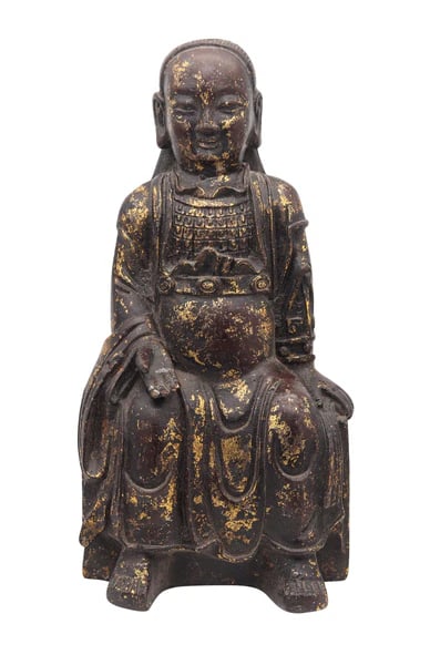 QING DYNASTY 1850 Sculptural Enthroned Mazu Quan-Yin In Solid Gilded Bronze: A 19th century enthroned Mazu Quan Ying from the Qing Dynasty.This is a beautiful antique sculptural figure of an enthroned Mazu Quan Yin, cast in bronze in high relief in the late of the 19th century