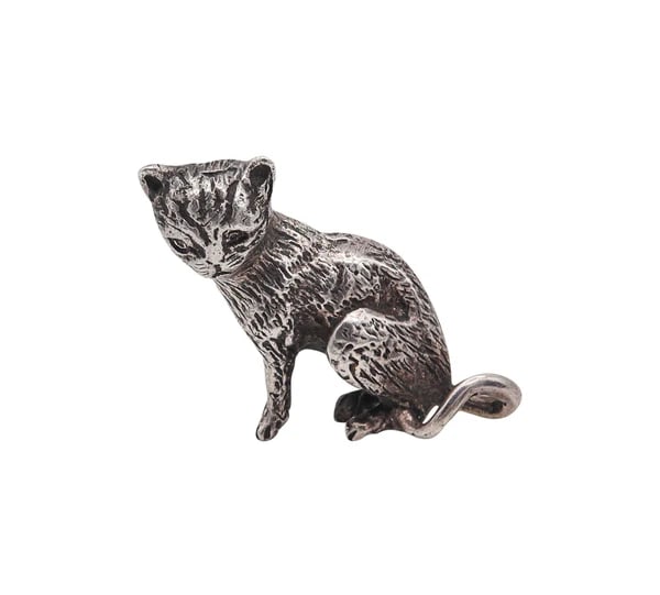 CAT MINIATURE 1970 Italian Figure Of A Cat In Solid Textured .925 Sterling Silver: Figurine of a cat in solid sterling.This is a beautiful and very well made figurine of a seated cat created in Firenze Italy, back in 1970. The little decorative lovely cat has been crafted in solid s
