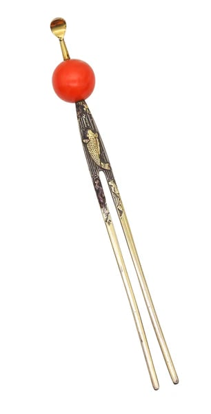 JAPAN 1890 Meiji Period Kanzashi Hair Stick In Gild Sterling With Red Coral: A hair Kanzashi stick from the Japanese Meiji period (1868-1912).Beautiful decorative Kanzashi hair decoration from the Japanese Imperial Meiji period, circa 1890. This hair double stick has been meti