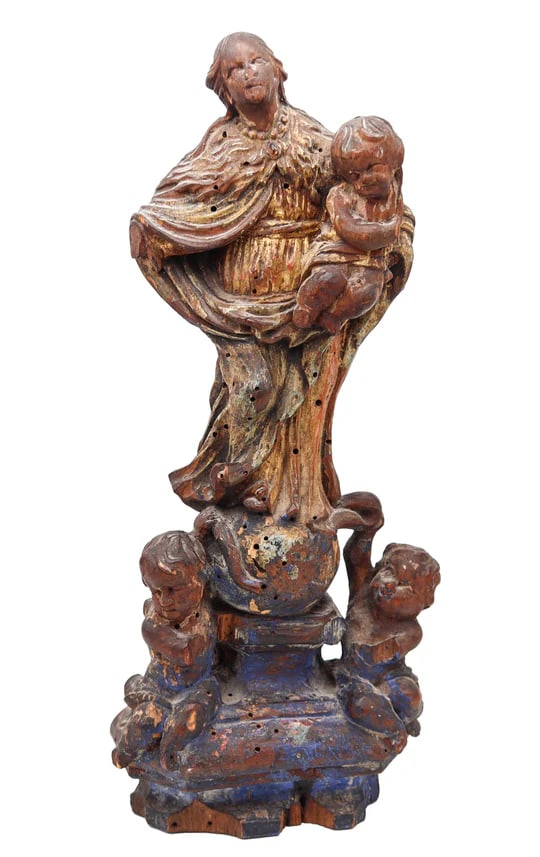 SPANISH SCHOOL 1750 Carved Wood Sculpture Of St Anthony And The Child: A Spanish 18th century sculpture of St. Anthony & The Child.This is a great antique sculpture of St. Anthony & The Child, created by a member of the Spanish school in the very early 18th century, circ