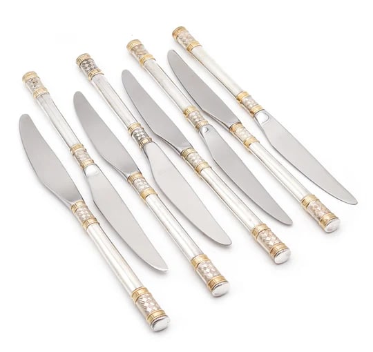 WALLACE 1971 Golden Aegean Weave Set Of Knives In .925 Sterling & Yellow Gold: A set of knives designed by Wallace.These are a very nice set composed by eight knives created by the Wallace Company, back in 1971. They are the iconic Golden Aegean Weave pattern masterfully crafted