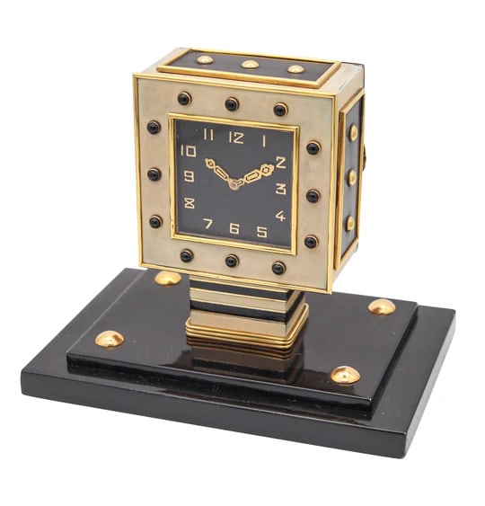 LACLOCHE FRERES Paris 1924 Art Deco Lacquered Desk Clock In 18Kt Gold With Onyx (1 of 10)
