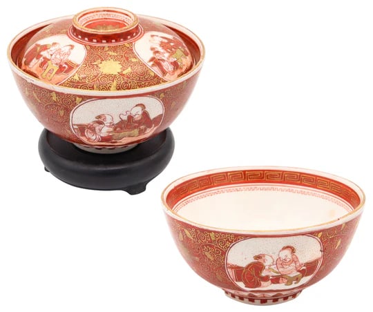 JAPAN Meiji 19th Century Kutani Ware Bowls With Red Decoration & Gold Accents (1 of 12)