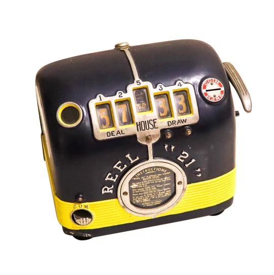 TRADE SIMULATOR 1935 Gaming Daval Reel "21" Amusement Machine In Steel: A machine age trade-Stimulator amusement machine. This is the "REEL 21" Five Reel Trade Stimulator in Blue/Yellow, dating back to the 1930s, is a vintage piece of American gaming history. This collect