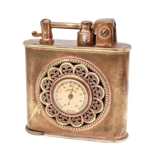 LANCEL Paris 1935 Desk Table Lighter With Thermometer & Barometer In Gilt Brass: Art deco petrol desk lighter designed by Lancel Paris.This is a beautiful and rare desk petrol lighter created in Paris France by the luxury house of Lancel, during the art deco period, back in 1935. 