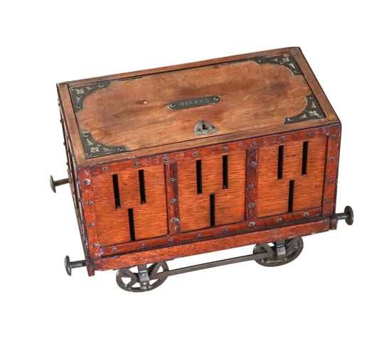 TRAIN-WAGON 1900 Antique Desk Cigar Box With Wheels In Oak Wood & Bronze (1 of 9)