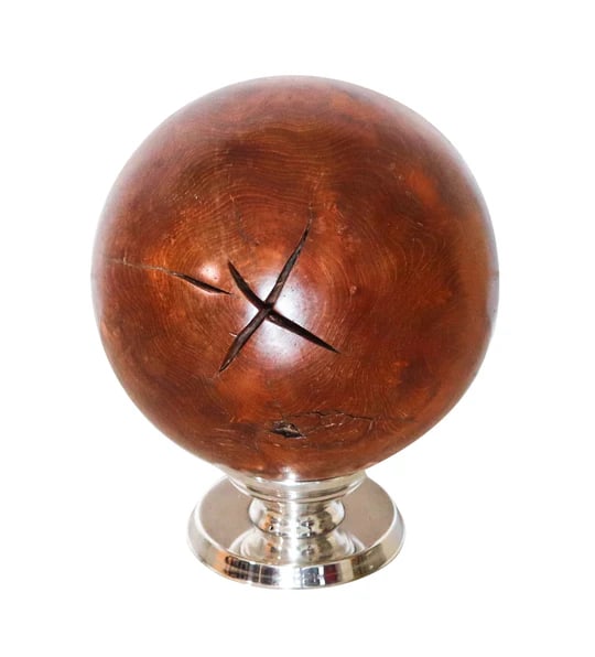 MODERNIST 1950 Decorative Sphere in Carved Wood With Chromed Base Stand: Decorative carved wood sphere in customized chromed base.This is a very unusual and decorative object created in America during the post war and the mid-century period. The massive sphere is carved fr