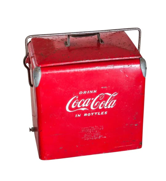 COCA COLA 1950 Mid Century Red-White Enameled Cooler With Hinged Handle (1 of 9)
