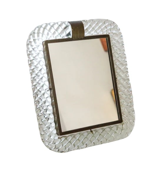 VENINI & CO. 1930 Carlo Scarpa Art-Deco A Treccia Mirror In Art Glass And Bronze: An art glass and bronze desk mirror designed by Venini & Co.This is a very rare and amazing desk mirror created in Murano Venice by Carlo Scarpa for the Venini & Co. The rectangular mirror was crafted