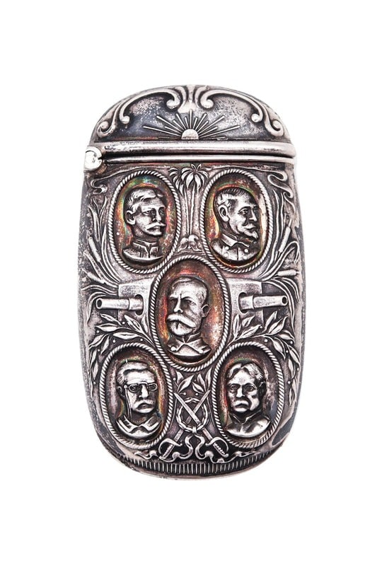 SPANISH-AMERICAN WAR 1899 Vesta Matches Box In Repousse .925 Sterling Silver: An antique vesta box with Spanish-American War motifs.This is an amazing and rare vesta matches box, created in America with Spanish-American War motifs, back in the 1899-1900. The vesta box has been 