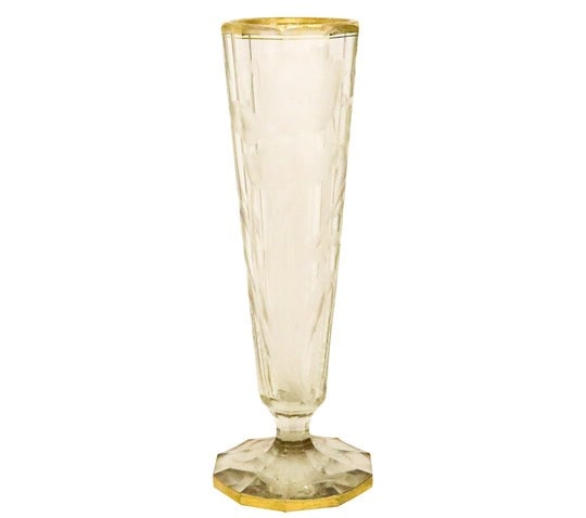 Moser 1900 Czech Bohemian Art Nouveau Tall Etched Glass Vase With 24Kt Gilding: A tall vase designed by Moser.Antique great piece, made in Bohemia, in the Art Nouveau style during the Austro-Hungarian empire period, circa 1900. Crafted in etched glass and decorated with organics 