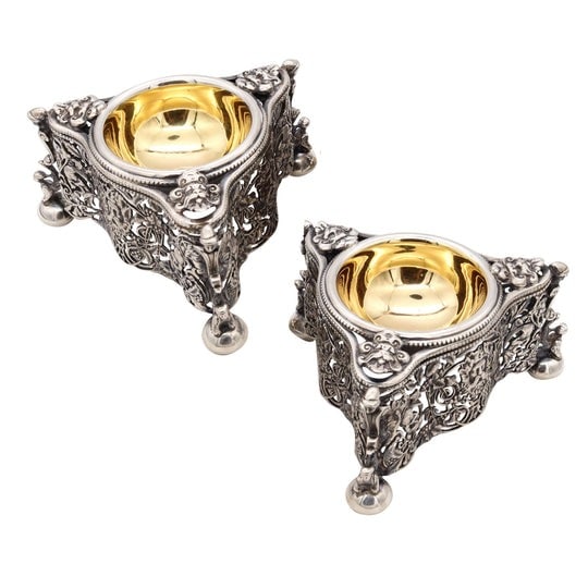 Germany 1870 Important Pair Of Neoclassical Salt Species Cellars In 24Kt Gilt Silver: Rare pair of German Salt-Species Cellars.An important matching pair of oversized salt and spicy cellars, created in Germany in the 19th century, circa 1870. These beautiful pieces has been carefully c