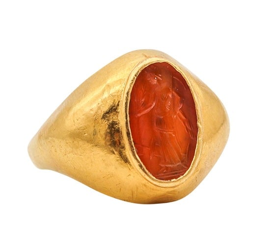 ANCIENT ROME 100-200 AD Signet Intaglio Ring In 23Kt Gold & Carved Carnelian: An ancient Roman signet intaglio ring.This is an exceptional and beautiful historical ring, created during the ancient Roman Empire, circa 100-200 AD. This rare one-of-a-kind intaglio signet ring, was