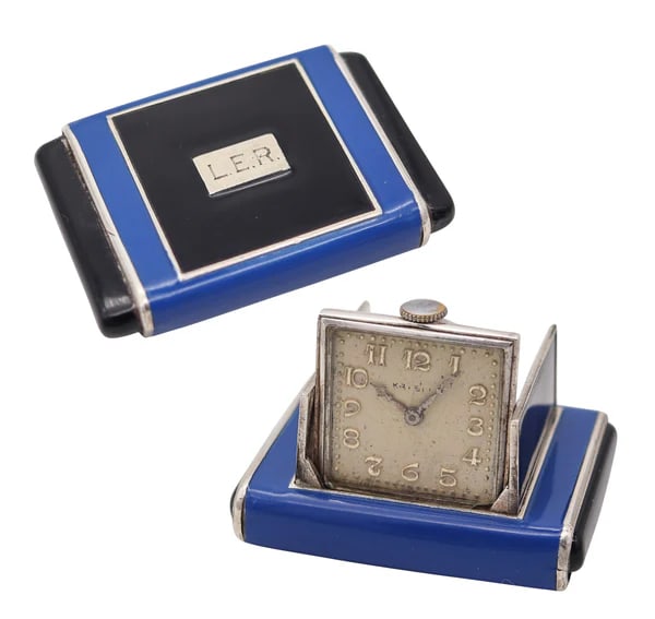LA CAPTIVE 1930 Art Deco Enameled Squeeze Travel Clock In .925 Sterling Silver (1 of 6)