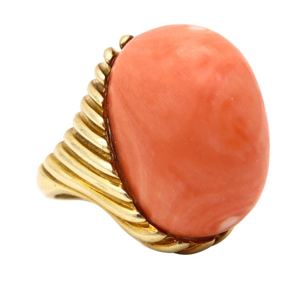 ITALIAN 1960 Modernist Fluted Cocktail Ring In 14Kt Gold & Oversized Coral: An Italian modernist cocktail ring.This is a large fluted cocktail ring created in Italy back in the 1960's. This fabulous, massive and oversized ring has been crafted with bold construction in solid 