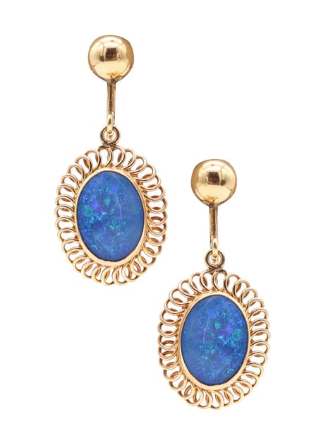 BLACK OPAL 1940 European Vintage Dangle Earrings In 14Kt Yellow Gold: Pair of vintage earrings with black opals.This is a beautiful pair of European dangle drops earrings, most probably created in Germany, back in the late 1940's. The earrings have been crafted with twi