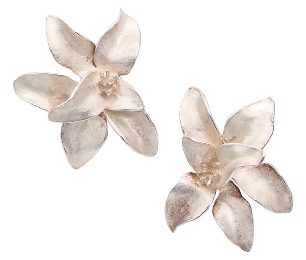 J GABRIEL 1970 Sculptural Orchids Flower Clips-On Earrings In .925 Sterling Silver: Pair of sculptural orchids earrings designed by J. Gabriel.This is a modernist pair of clips-on earrings designed by the silversmith artist J. Gabriel, back in the late 1970's. These artist-studio ear